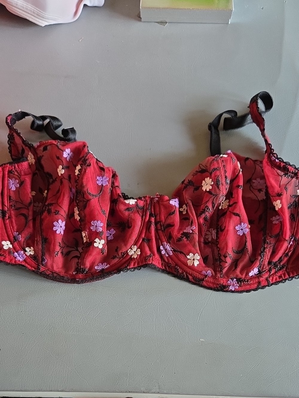 Adore Me Red Embroidered Floral Underwire Bra w/ Black Straps & Matching Panties